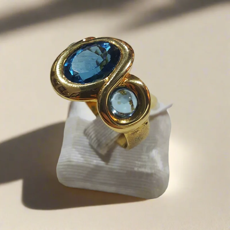 Unique Promise Ring for Couples-Ring in 18k Gold with a London Blue Topaz & Aquamarine Cabochon