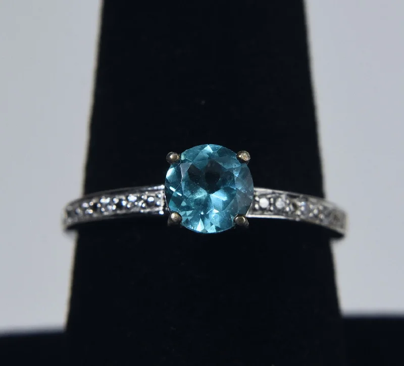 Gold Promise Ring for Engagement-Blue Topaz and Colorless Sapphire Sterling Silver Ring - Size 8