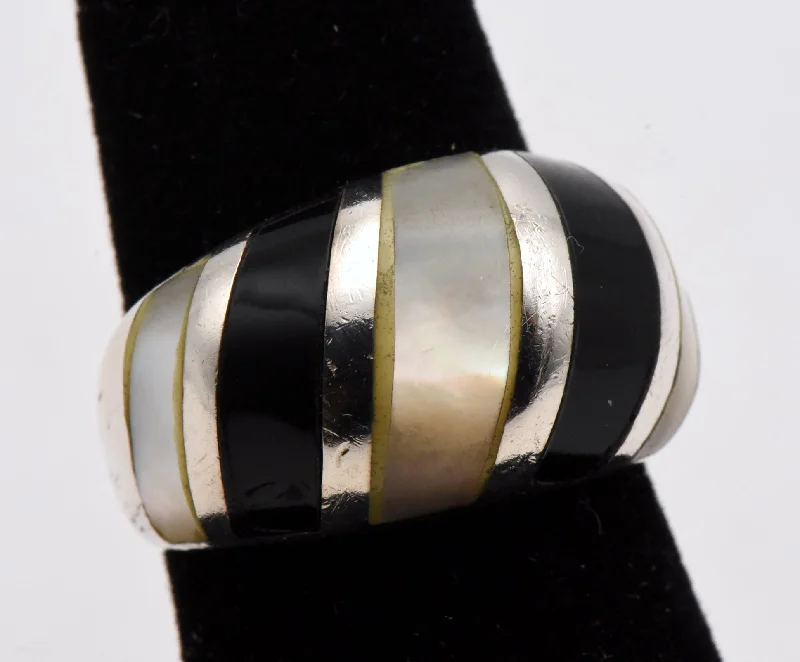 Wedding Band with Gemstones-Vintage Sterling Silver Mother of Pearl and Black Onyx Inlaid Dome Ring - Size 6