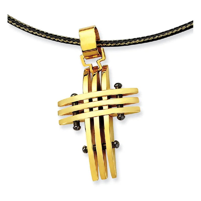 Handcrafted Pendant Necklace for Gifts-Gold Tone & Black Plated Stainless Steel Grid Cross Necklace - 16 Inch