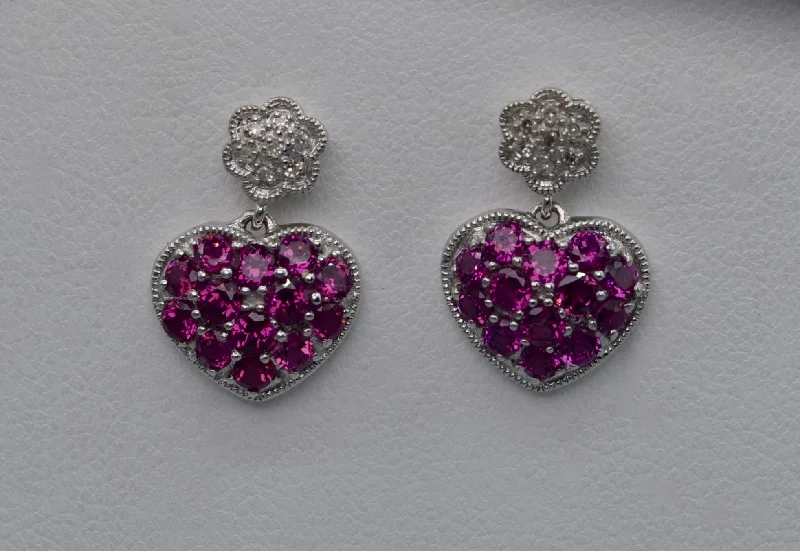 Unique Gem Earrings for Fashion-14K white gold heart-shaped dangle earrings with Pink Garnets and Diamonds