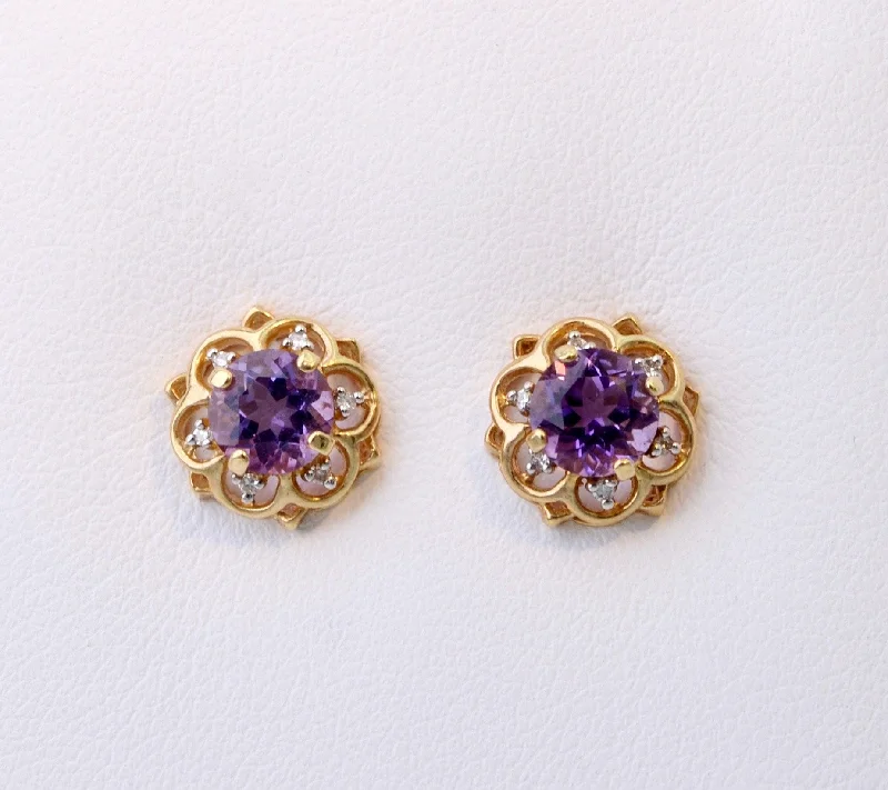 Fashionable Earrings for Parties-14K yellow gold post earrings with one center Amethyst and six Diamonds