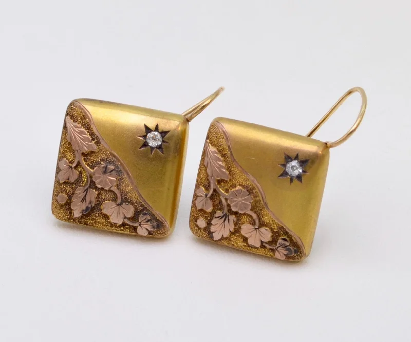 Golden Earrings for Night Events-14K Antique Early American Gold Earrings with Rose-Cut Diamond Accent