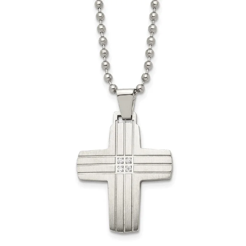 Pearl and Crystal Necklace for Weddings-Men's Stainless Steel & CZ Grooved Cross Necklace, 22 Inch