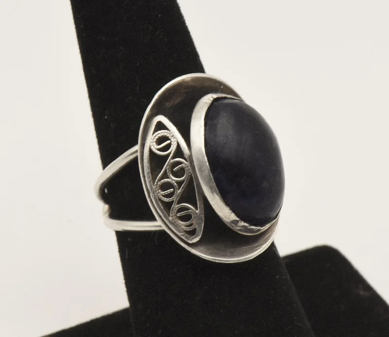 Beautiful Gold Band Ring for Women-Vintage Handmade Sodalite and Sterling Silver Adjustable Ring