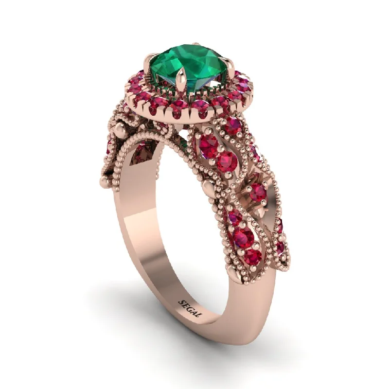 Rose Gold Ring for Stylish Women-Exclusive Halo Emerald Milgrain Engagement Ring - Kendra No. 50