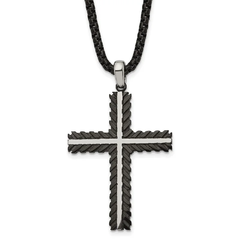 Black Pearl Necklace for Elegant Look-Men's Stainless Steel Polished & Black Plated Cross Necklace, 24 Inch