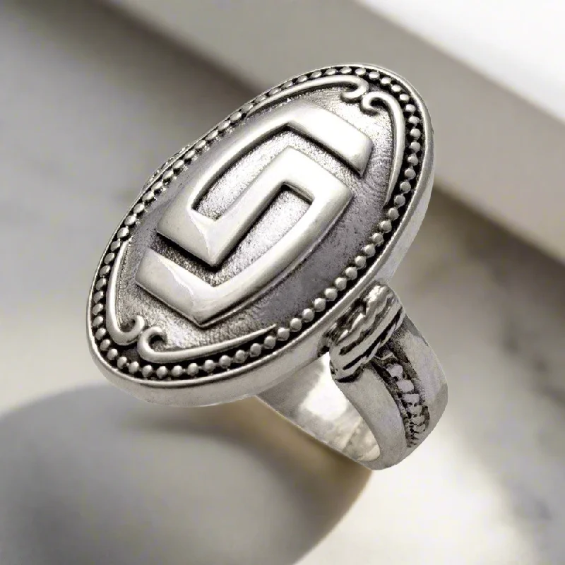 Luxury Gold Ring for Anniversary-Greek Key Meander Ring in Sterling Silver (DT-66)