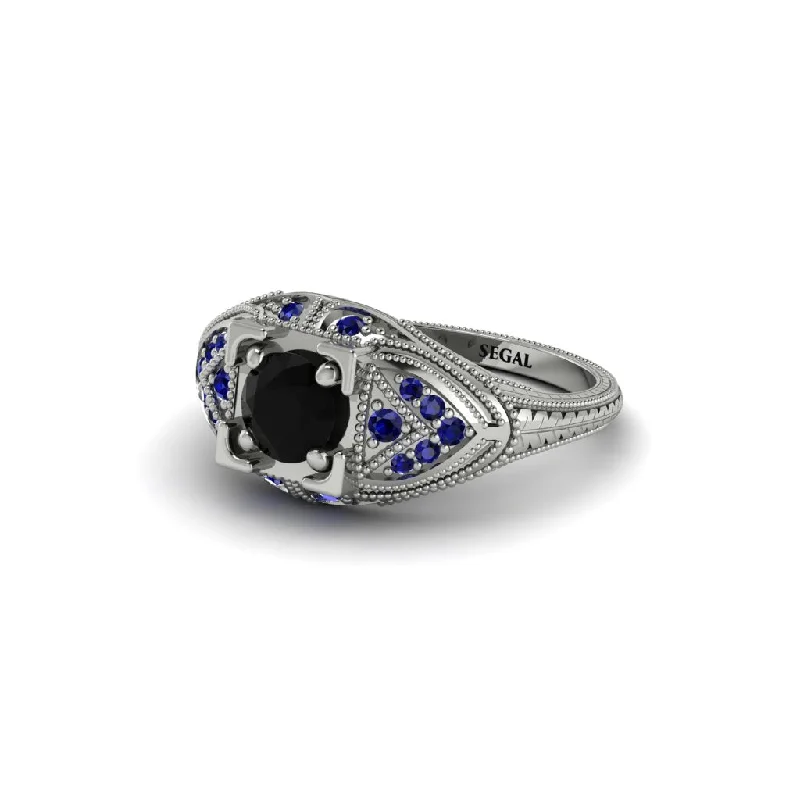 Silver Wedding Ring for Women-Round Black Diamond Filigree Art Deco Vintage Engagement Ring - Bree No. 69