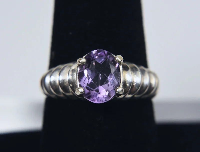 Simple Silver Ring for Everyday-Sterling Silver Ribbed Shank Purple Stone Ring - Size 8