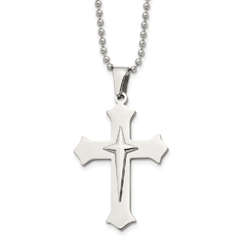 Sparkling Silver Necklace for Special Events-Stainless Steel Polished Double Cross Necklace, 24 Inch