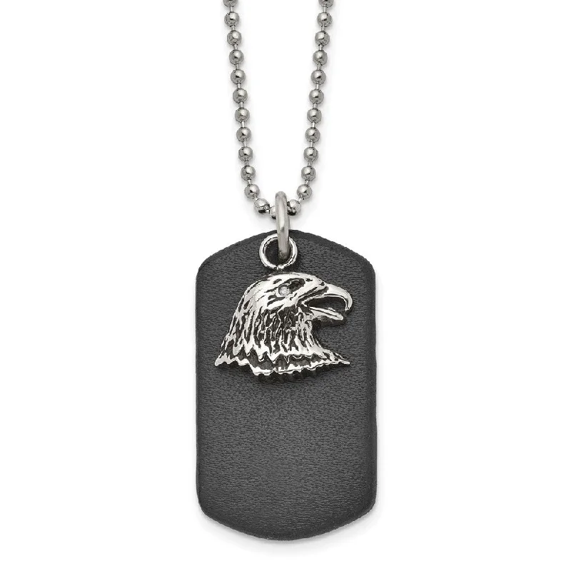 Sterling Silver Necklace with Pendant-Men's Stainless Steel & Leather Eagle & Dog Tag Necklace, 22 Inch