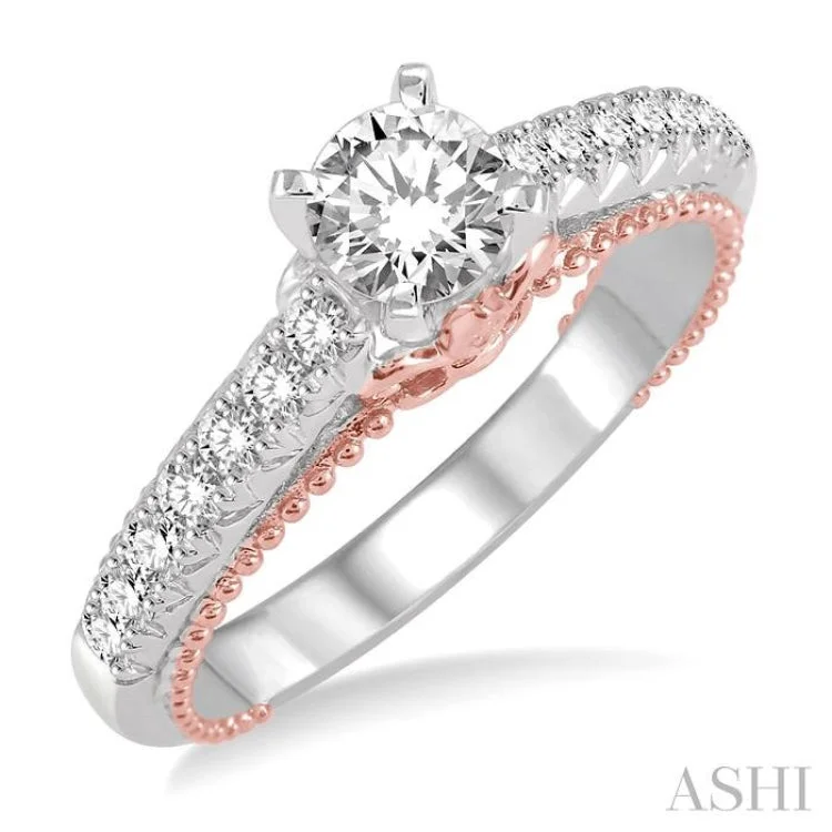 Birthstone Ring for Custom Jewelry-7/8 Ctw Diamond Engagement Ring with 1/2 Ct Round Cut Center Stone in 14K White and Rose Gold