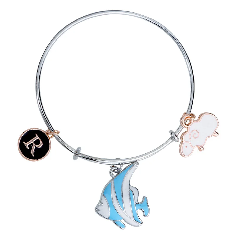 Custom Silver Bangles with Birthstones-Mahi R Letter Fish & Ship Shaped Rhodium Plated Enamel Work Charms Kids Bracelets for Kids (BRK1100935M)