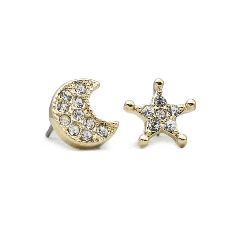 Trendy Earrings for Special Occasions-Pom Moon and Star Gold Plated Crystal Stud Earrings