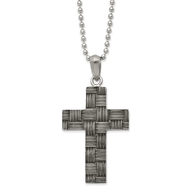 Elegant Statement Necklace for Parties-Men's Stainless Steel Antiqued Basket Weave Cross Necklace, 22 Inch