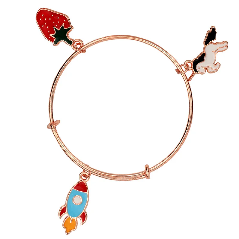 Silver Bangles with Unique Designs-Mahi Rocket, Strawbery and Shaped unicorn Colorful Enamel Work Charms Rose Gold Bracelets for Girls (BRK1100811Z)