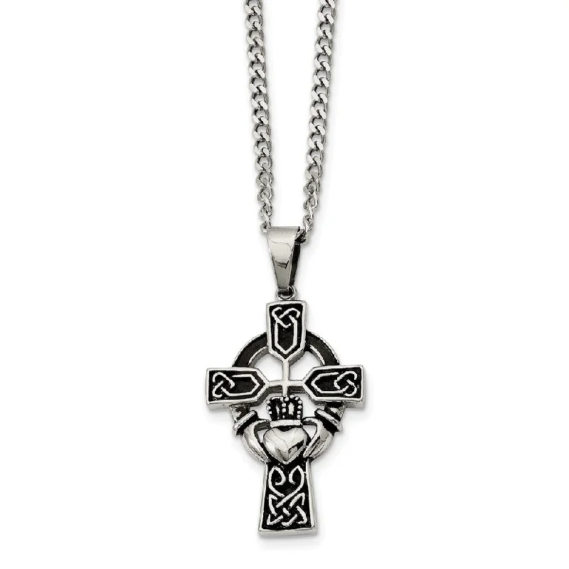 Customizable Necklace for Gifts-Stainless Steel Antiqued Claddagh Cross Necklace with CZ - 20 Inch