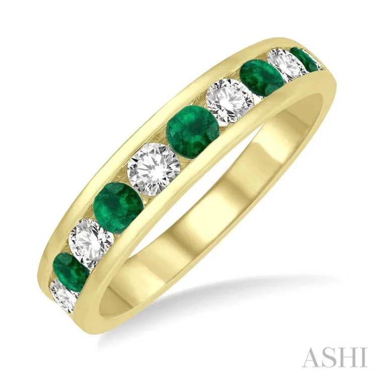 Elegant Gemstone Ring for Special Events-1/2 ctw Round Cut Diamond and 2.9MM Emerald Precious Wedding Band in 14K Yellow Gold