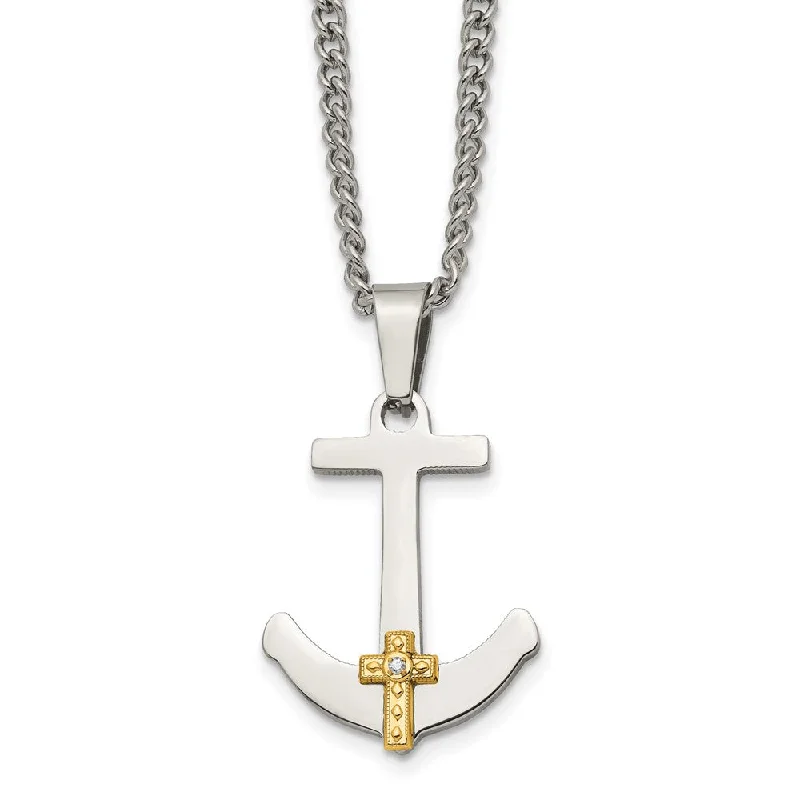 Adjustable Silver Necklace for Comfort-Stainless Steel 14k Yellow Gold & Diamond Anchor Cross Necklace, 24 In