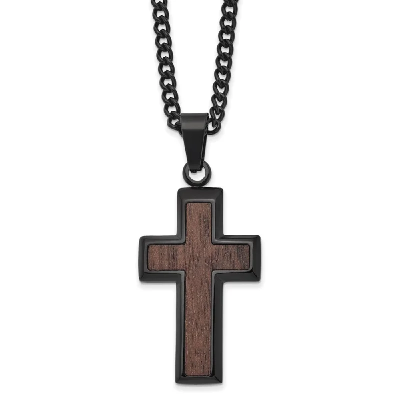 Leather Necklace for Casual Look-Mens Black Plated Stainless Steel & Wood Inlay Cross Necklace, 24 Inch