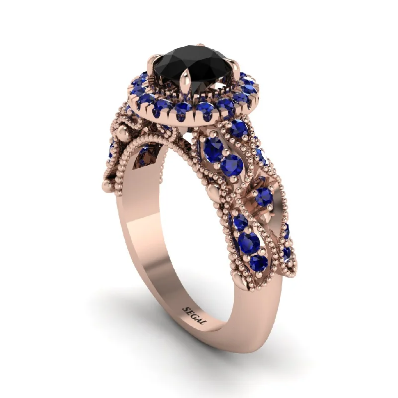 Beautiful Gold Band Ring for Women-Exclusive Halo Black Diamond Milgrain Engagement Ring - Kendra No. 68