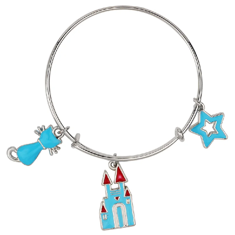 Customizable Bangle Bracelets-Mahi Staer & Cat Shaped Rhodium Plated Enamel Work Charms Bracelet for Kids (BRK1100883R)