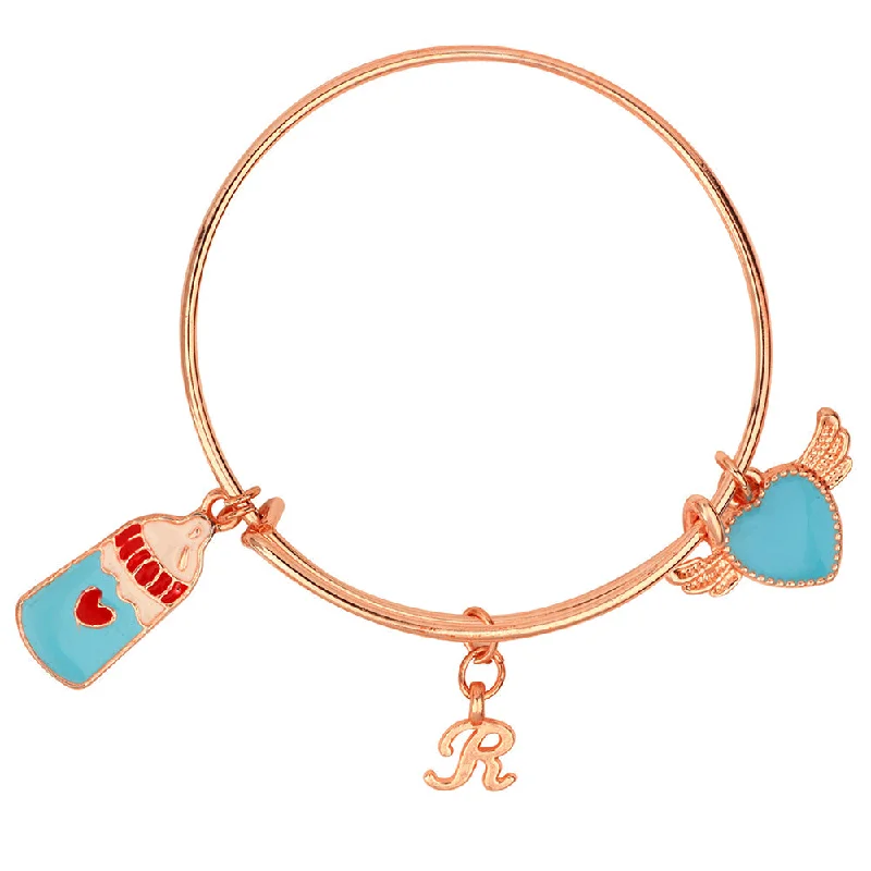 Silver Bangles with Floral Design-Mahi R Letter Heartwings & Bottle Shaped Charm Bracelet with Rose Gold Plated for Kids (BRK1100861Z)