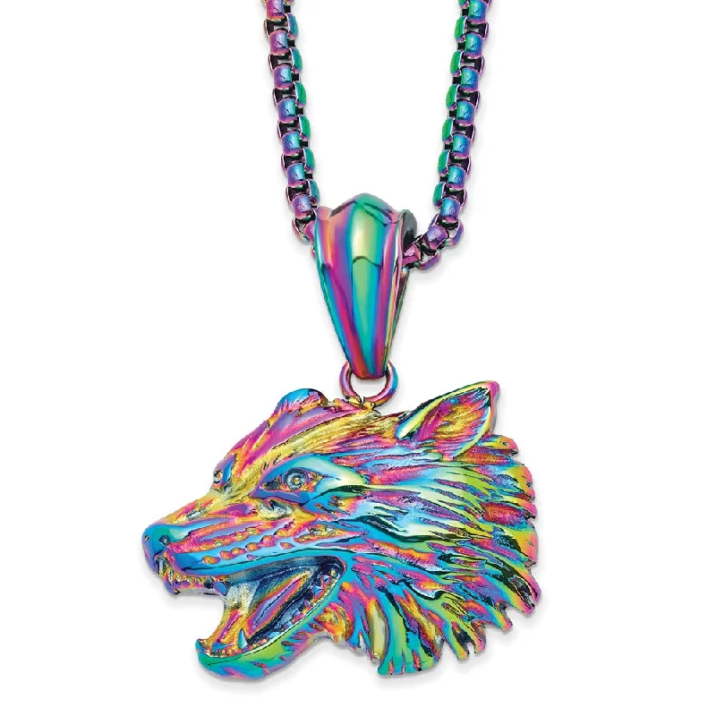 Vintage Pendant Necklace for Women-Rainbow Plated Stainless Steel Large Wolf Head Necklace, 24 Inch