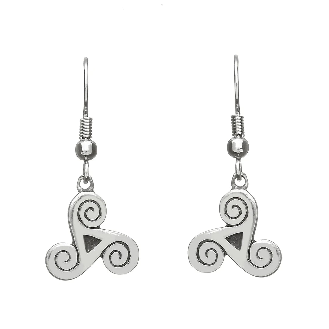 Boho Chic Earrings-Celtic Triple Spiral Pewter Drop Earrings by Celtic Legends / Amethyst Irish Jewellery