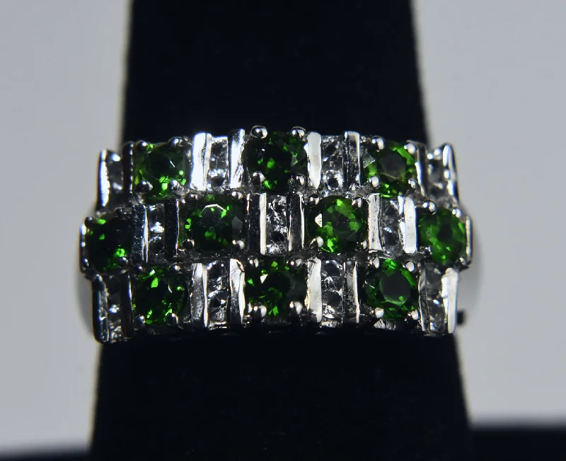 Gemstone Ring with Sapphire-Sterling Silver Ring Set with Green and Clear Crystals - Size 8