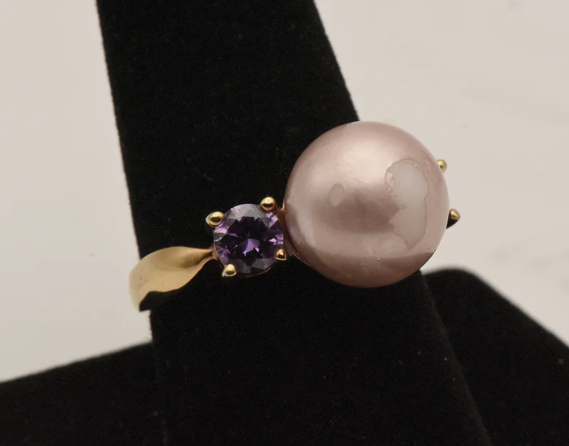 Custom Wedding Band with Initials-Vintage Vermeil Faux Pearl and Purple Rhinestone Ring - Size 9