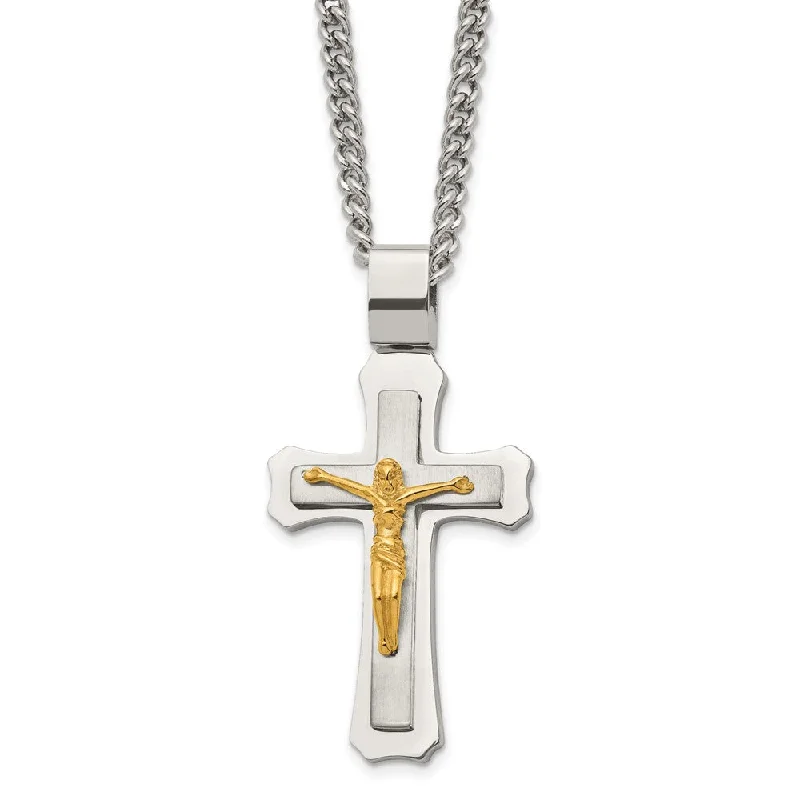 Gemstone Necklace for Wedding-Men's Stainless Steel & Gold Tone Large Crucifix Necklace, 24 Inch