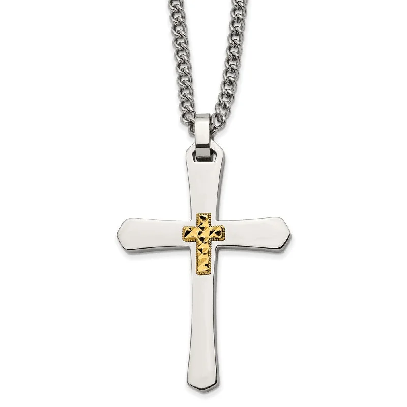 Elegant Chain Necklace for Weddings-Stainless Steel & 14k Yellow Gold Accent D/C Cross Necklace, 24 Inch