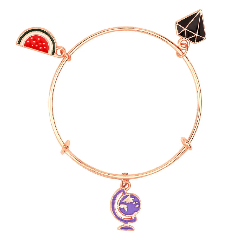 Custom Silver Bangles with Initials-Mahi Daimond Watermelon & Earth Shapde Rose Gold Plated Enamel Work Charms Bracelet for Girls (BRK1100846Z)