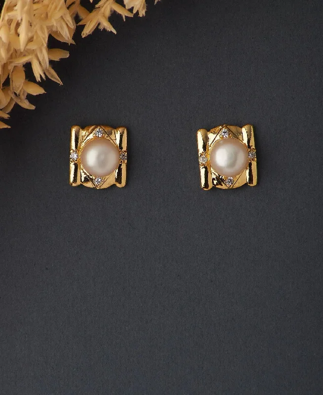 Geometric Gold Earrings-Regal Pearl Stud Earring