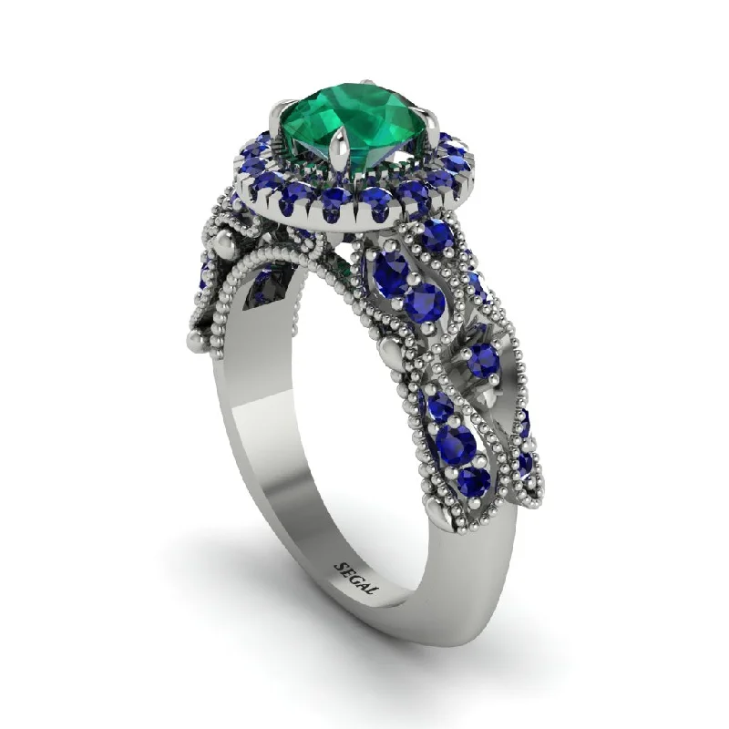 Classic Silver Ring for Casual Wear-Exclusive Halo Emerald Milgrain Engagement Ring - Kendra No. 66