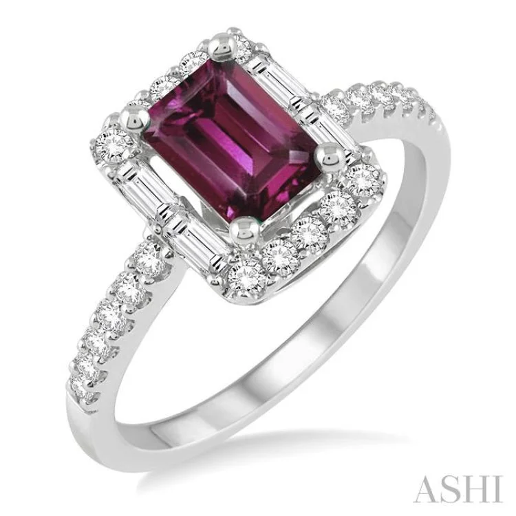 Beautiful Wedding Band for Women-7x5 MM Emerald Cut Rhodolite Garnet and 1/2 Ctw Diamond Ring in 14K White Gold