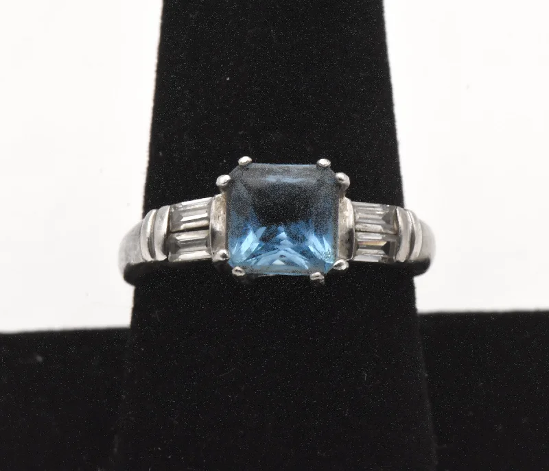 Beautiful Sapphire Ring for Women-Dyadema - Vintage Sterling Silver Blue Glass Art Deco Ring - Size 9