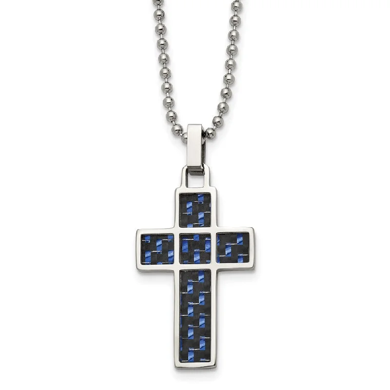 Beautiful Gold Necklace for Special Events-Stainless Steel, Black & Blue Carbon Fiber Cross Necklace, 20 Inch