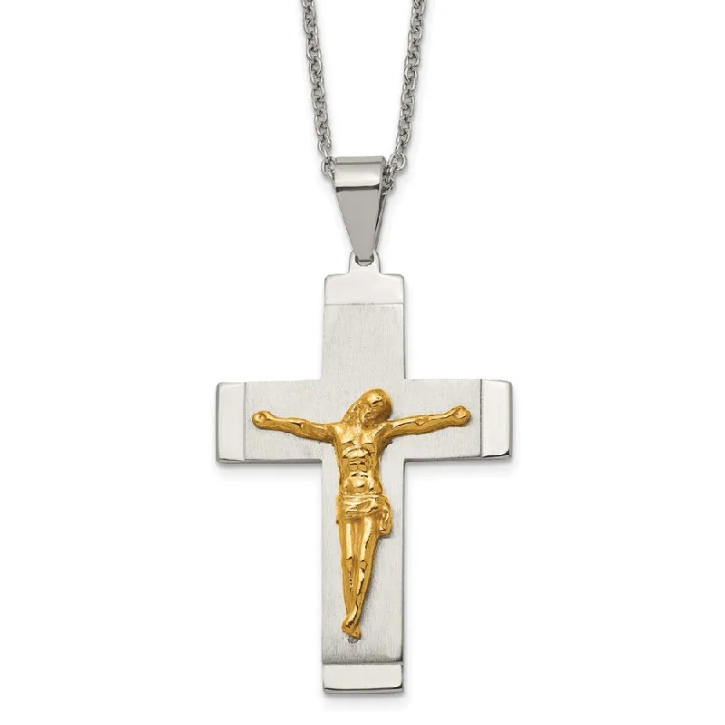 Beaded Necklace for Fashion-Stainless Steel & Gold Tone Plated Large Crucifix Necklace, 20 Inch