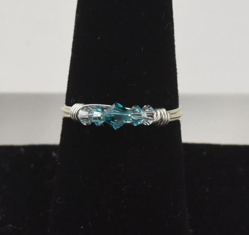 Antique Style Diamond Ring for Women-Silver Wire Wrapped Blue Beads Ring