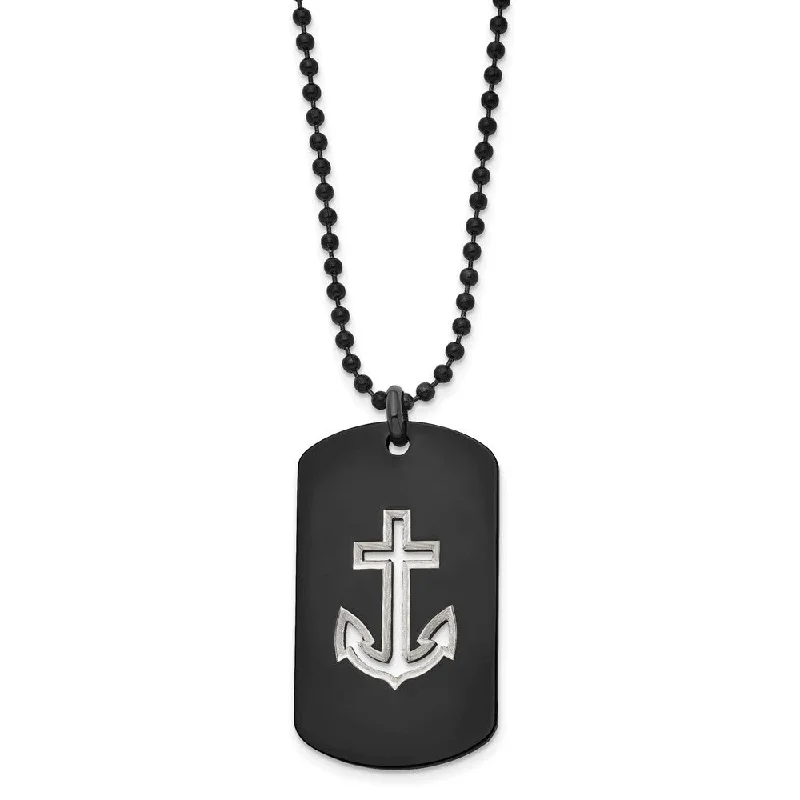 Luxury Diamond Necklace for Brides-Black Plated Stainless Steel Cutout Anchor Dog Tag Necklace, 22 Inch