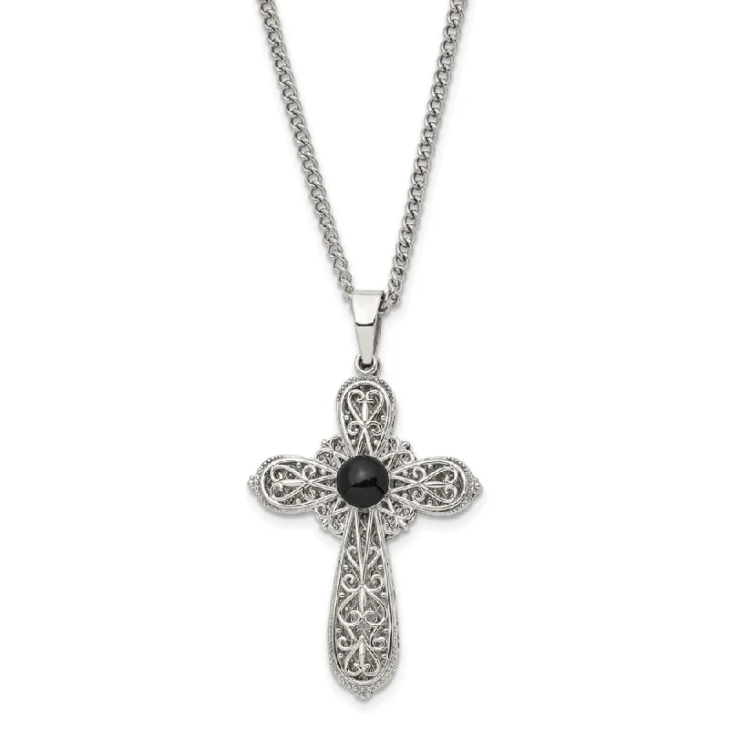 Statement Necklace with Gemstones-Stainless Steel & Black Epoxy Pentecost Prayer Cross Necklace, 24 Inch