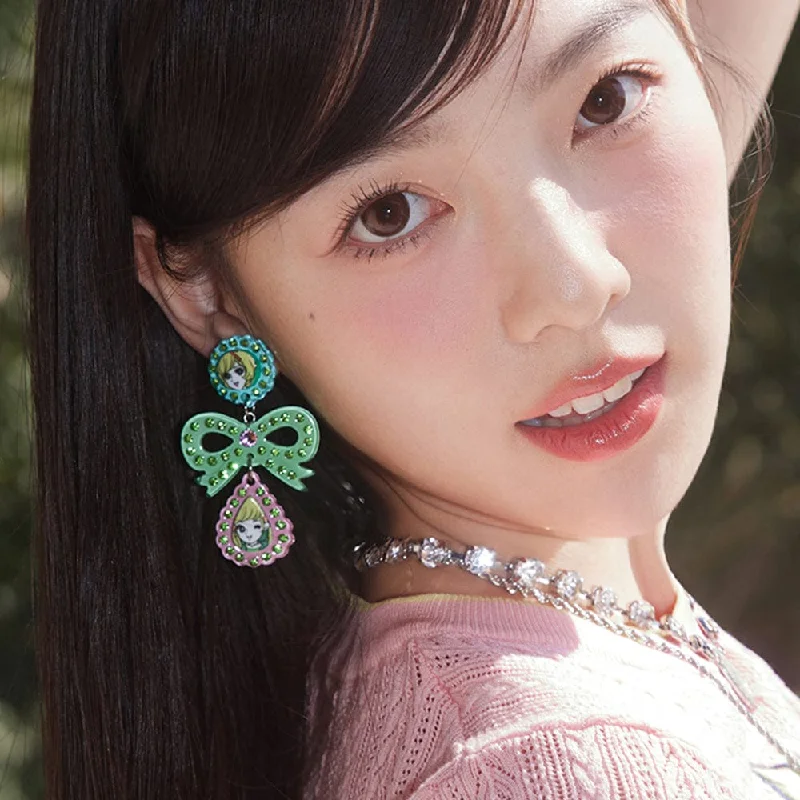 Large Statement Earrings-Women's Pink Kawaii Girl Bowknot Rhinestone Earrings