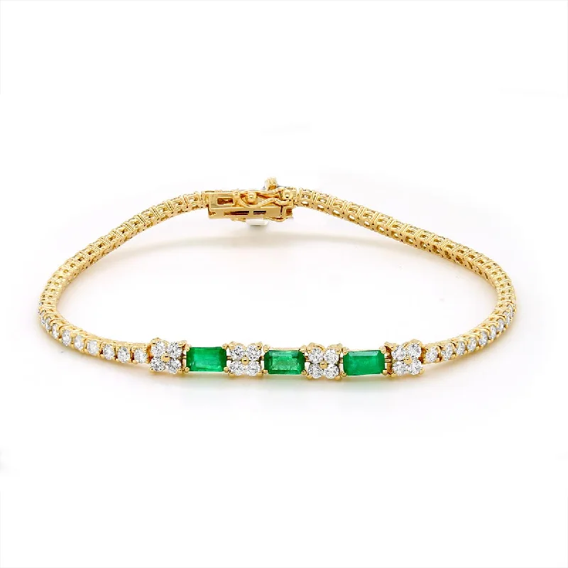 Chunky Gold Bracelets for Statement Look-YELLOW GOLD BRACELET WITH BAGUETTE EMERALDS AND ROUND DIAMONDS, 2.30 CT TW