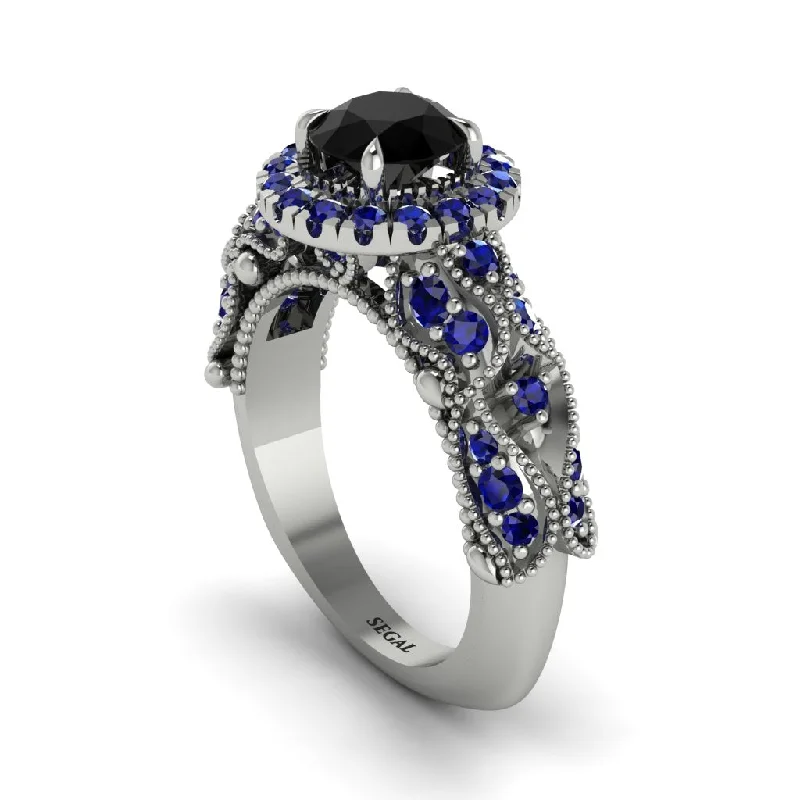 Wedding Ring with Custom Engraving-Exclusive Halo Black Diamond Milgrain Engagement Ring - Kendra No. 69