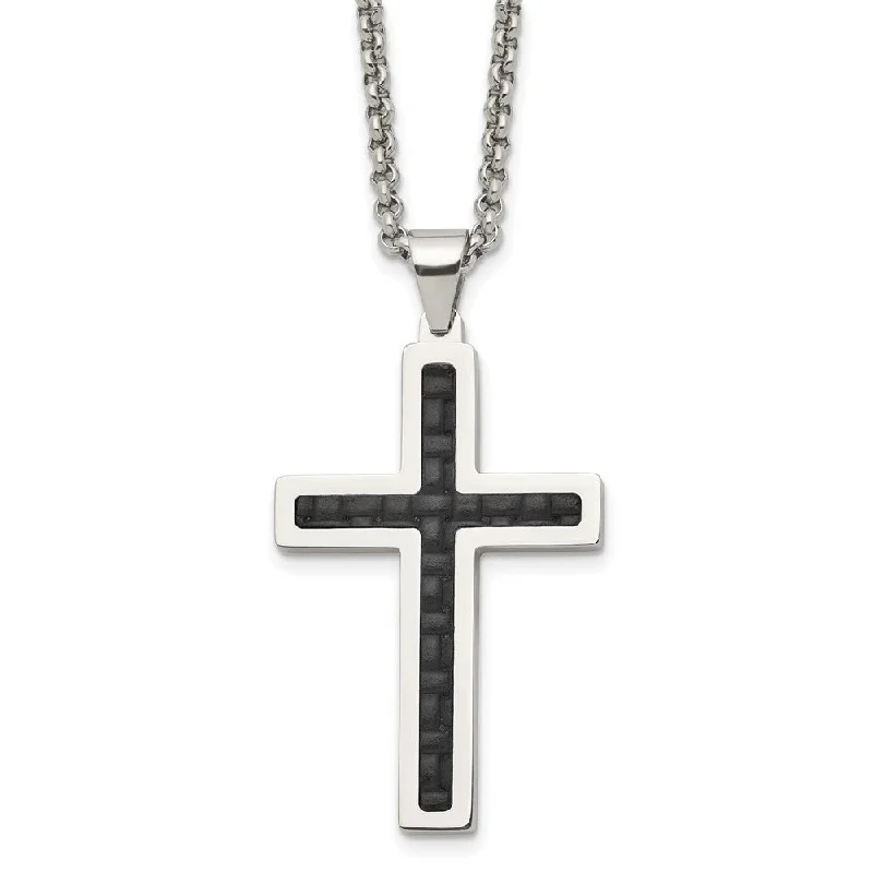 Unique Pendant Necklace for Casual Wear-Stainless Steel & Black Genuine Leather Inlay Cross Necklace, 20 Inch