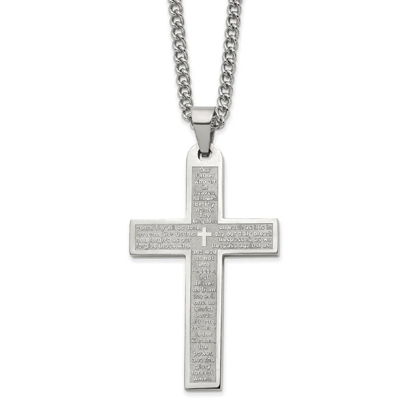 Vintage Style Necklace-Men's Stainless Steel Large Lord's Prayer Cross Necklace, 24 Inch