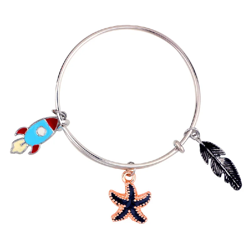 Multi-color Enamel Bangles for Casual Looks-Mahi Rhodium Plated Star Fish Rocket & Feather Shaped Colorful Enamel Work Charms Kids Bracelets for Girls (BRK1100916M)